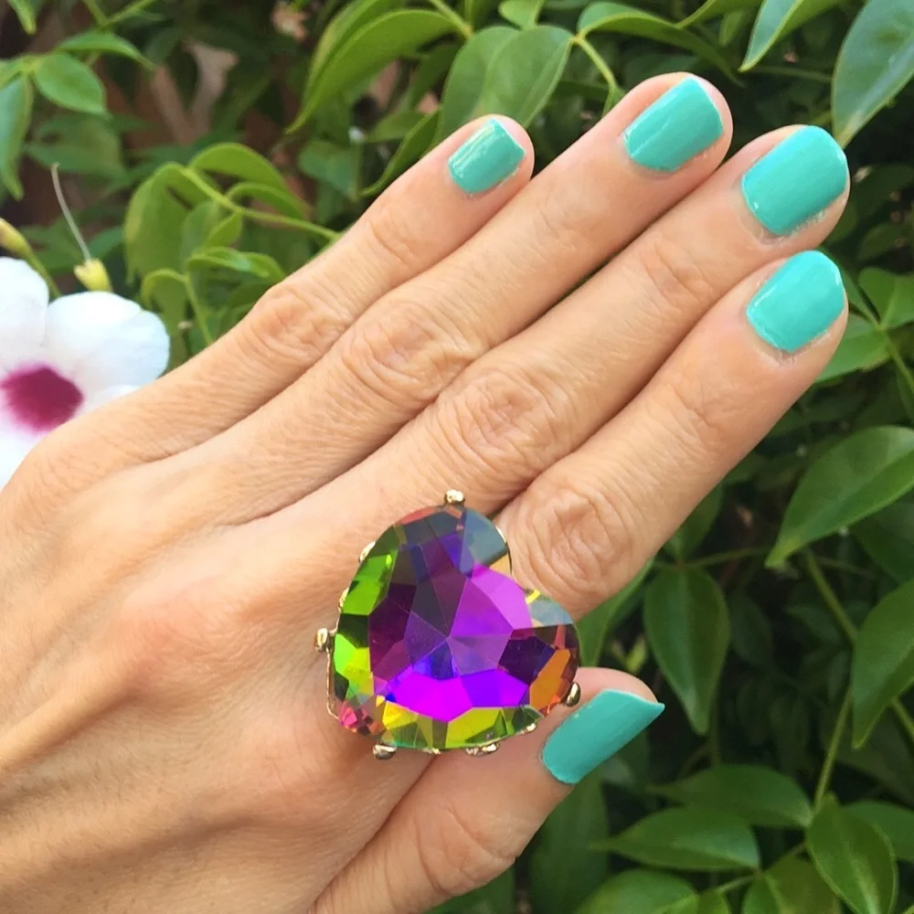 Oversized Heliotrope Crystal Heart + Gold Cocktail Statement Ring